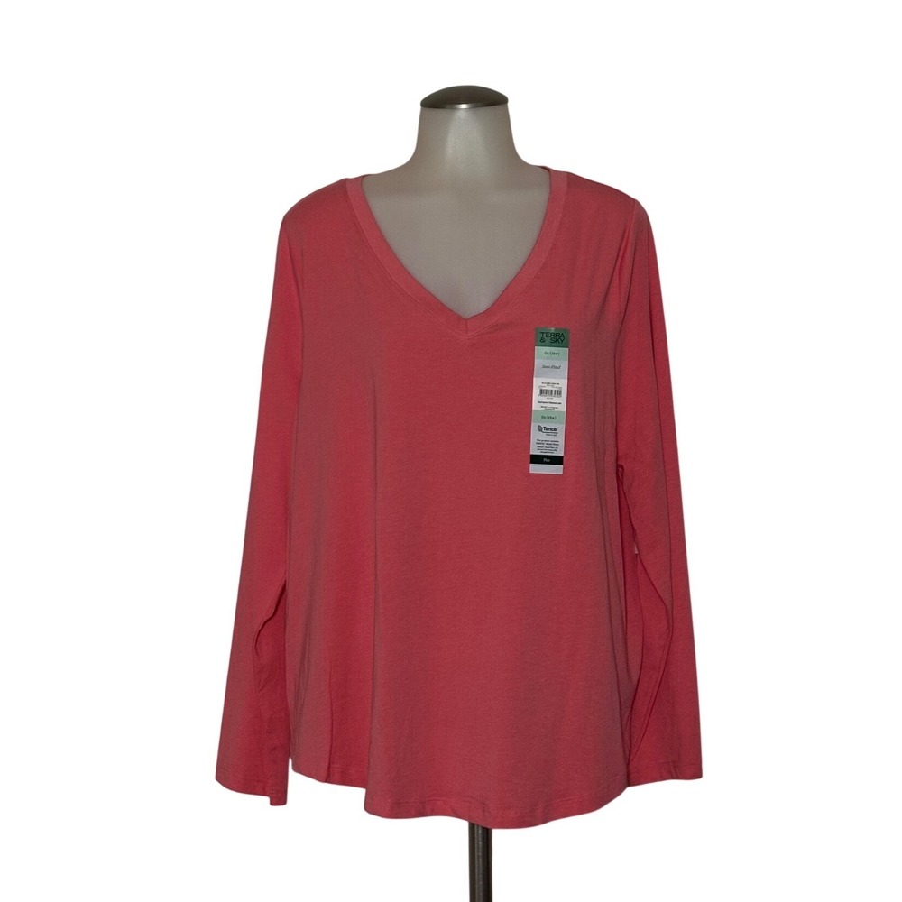 Terra & Sky V-Neck Long Sleeve Top Women 0X 14W Pink Semi-Fitted NWT